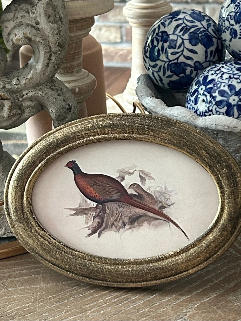 NEW! Vintage Inspired Shabby Chic Fall Harvest Gold Oval Framed Pheasant Print